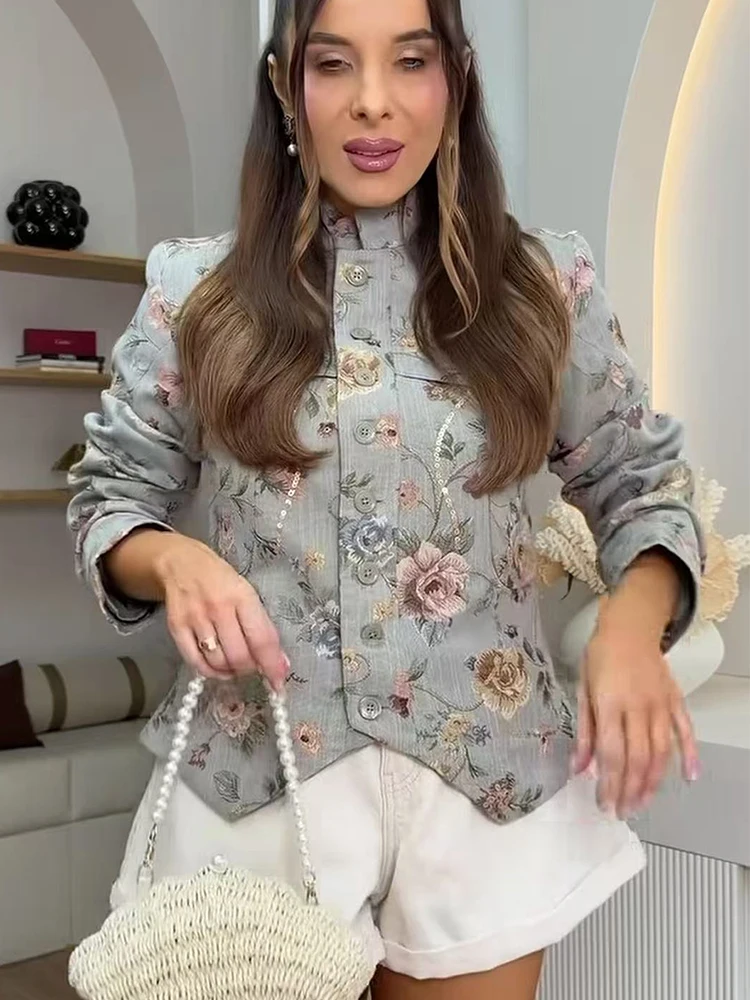 TFMLN 2026 Women Sequin Floral Jacket Stand Collar Button Front Elegant Casual Outerwear Fashion New Slim Fit Print Short Coat