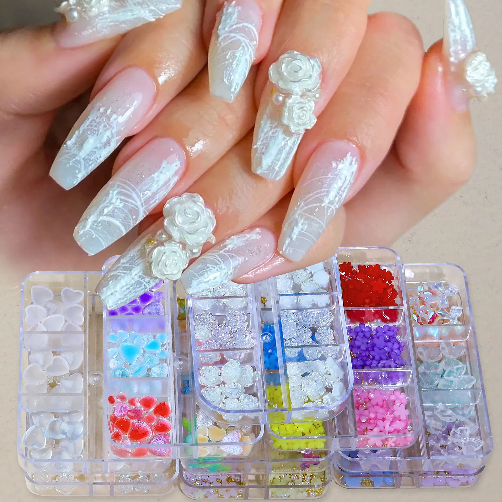 6 Grids Color Changing Nail Charms 3D Rose Heart Flower Resin Nail Art Decorations Light Sensitive Ornaments for DIY Manicure
