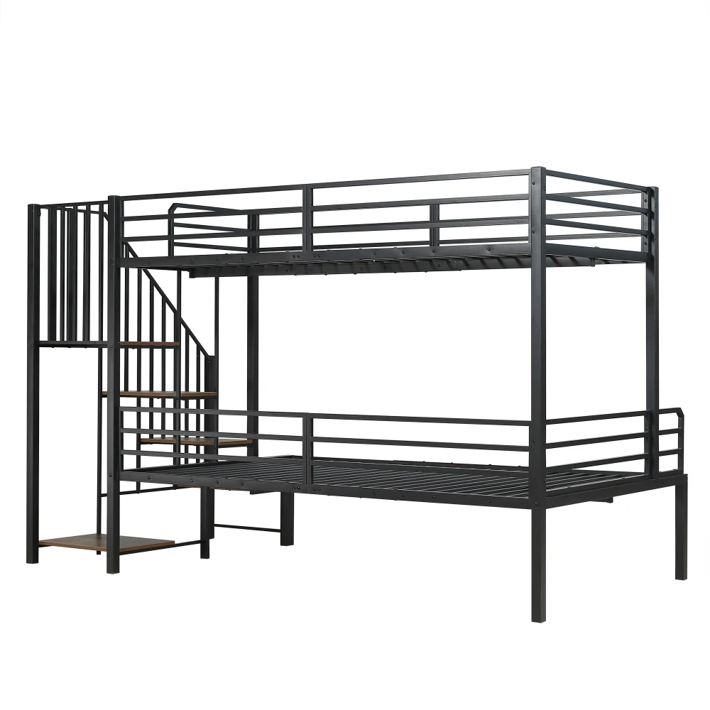 PINGGO Eisen-Etagenbett für Kinder und Jugendliche mit Stauraum-Eckschrank, Eisen & MDF, Schwarz Vintage-Holz, 90x200cm 120x200cm, ohne Matratze – Detail 20