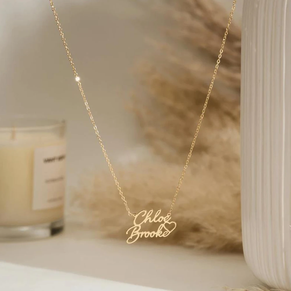 Kalung nama ganda yang dipersonalisasi dengan bentuk hati, Kalung nama yang disesuaikan, Kalung pasangan, Kalung ibu