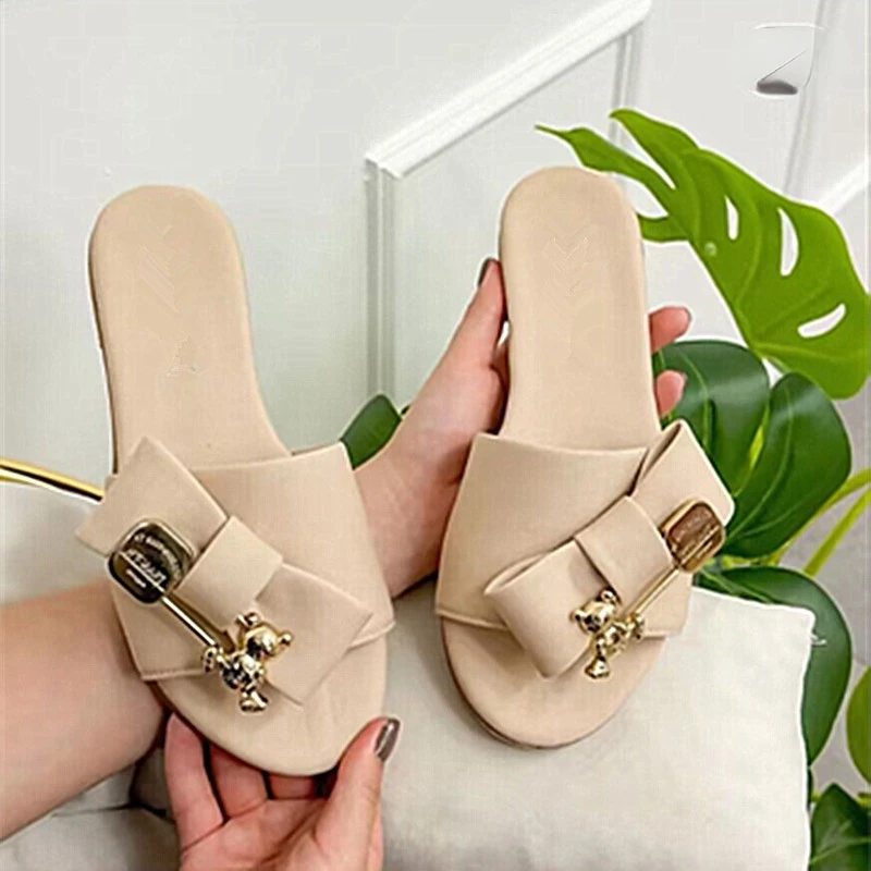 Women's Slippers Summernew Flat Round Head Open Toe Bow Metal Decorative Sandals Casual Comfortable Lightweight Nonslip Slippers