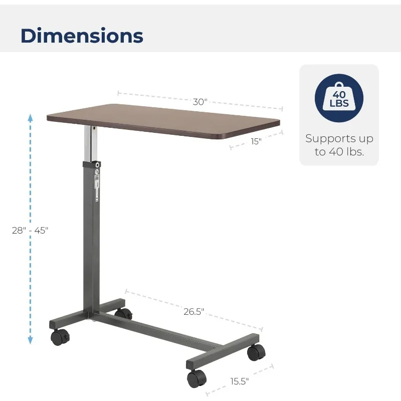 Non Tilt TopOverbed Table with Wheels,BedSide Table,Adjustable Standing Desk or Hospital Tray Table with Secure HeightAdjustment