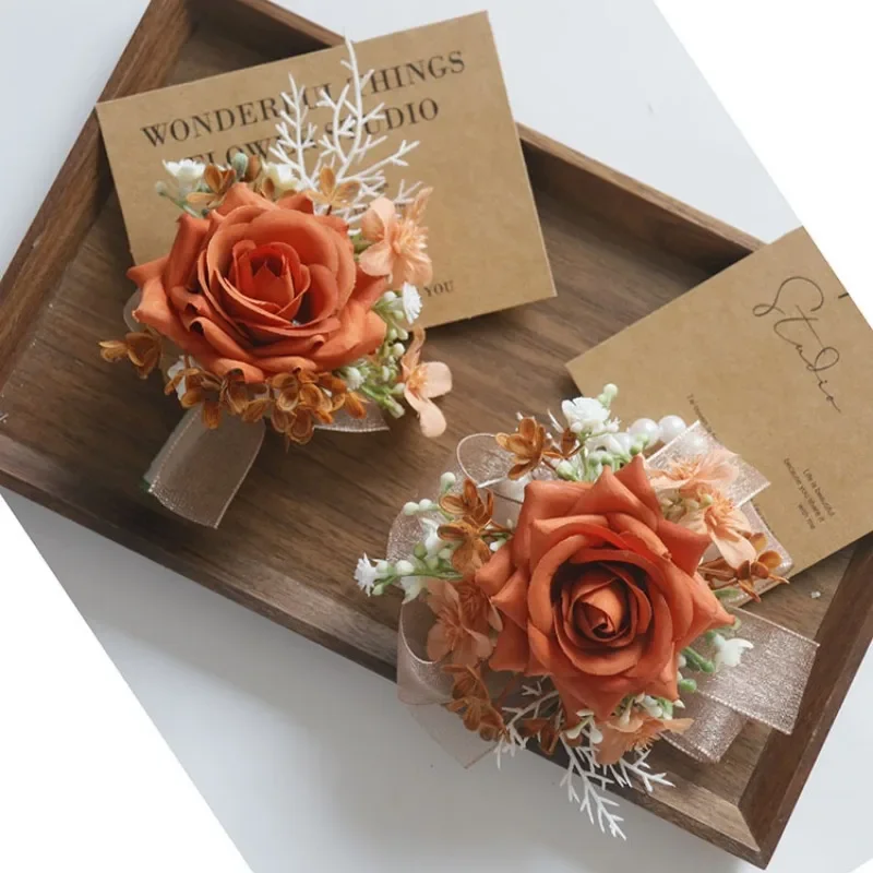 Orange künstliche Rosenblüten im Knopfloch für Bräutigam, Hochzeit, Brautjungfer, Hochzeitsaccessoires