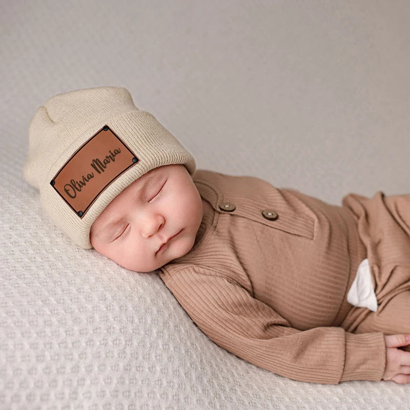 Customized Name Baby Beanie Hat Personalized Leather Beanie Newborn Christening Baby Shower Gift