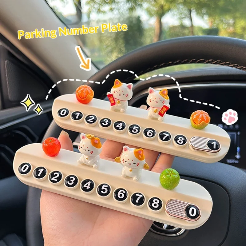 Lucky Cat Car Parking Number Plate with Hidden Display, Cute Cartoon Dashboard Ornament, Temporary Car Parking Sign for Vehicle