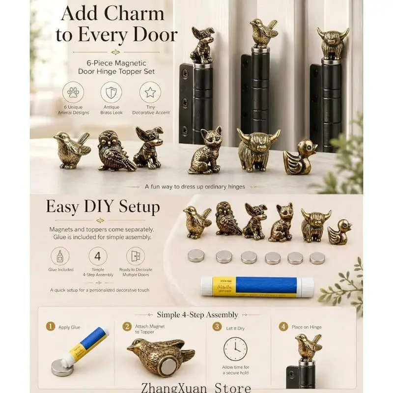 Set mit 6 Tierscharnieren aus Messing, perfekt für Türdekorationen in Bauernhäusern, 3 x – Detail 4