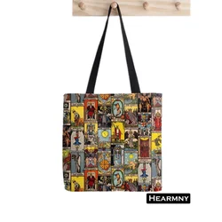 Bolso de mano con estampado de los grandes Arcanos del Tarot para mujer, bolso de compras Harajuku, bolso de hombro tipo shopper para chica, bolso de lino para mujer