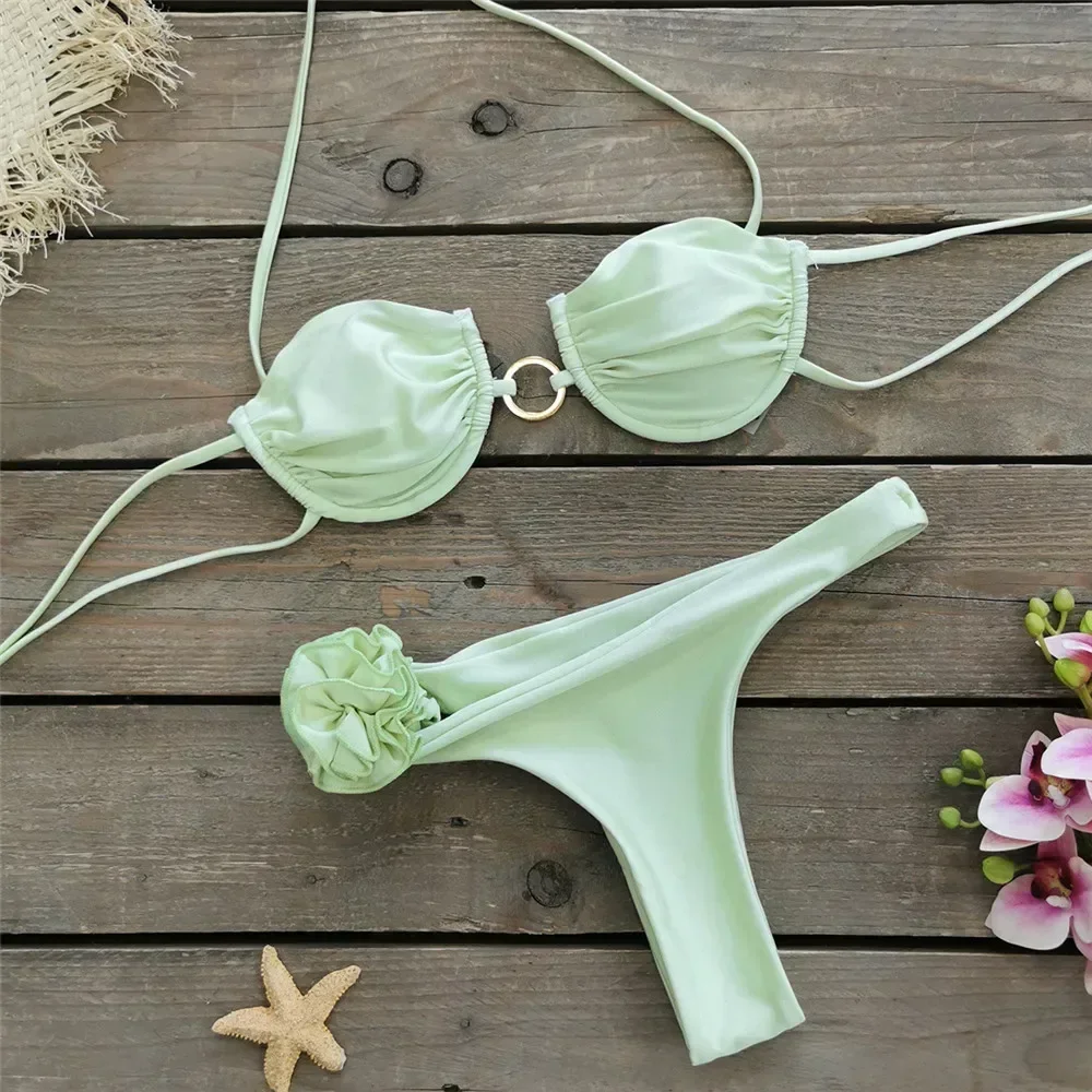 3Dフラワープッシュアップビキニセット、ストリングホルター水着、マイクロTバック、セクシー水着、レディースメタルリング水着、ビキニ2024 Muejr