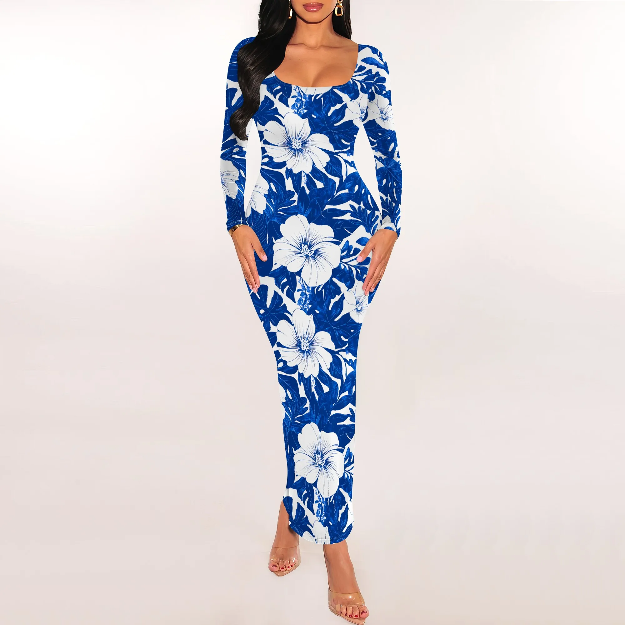 

Blue White Tropical Floral Print Maxi Dress Long Sleeve Slim Fit Beach Vacation Style