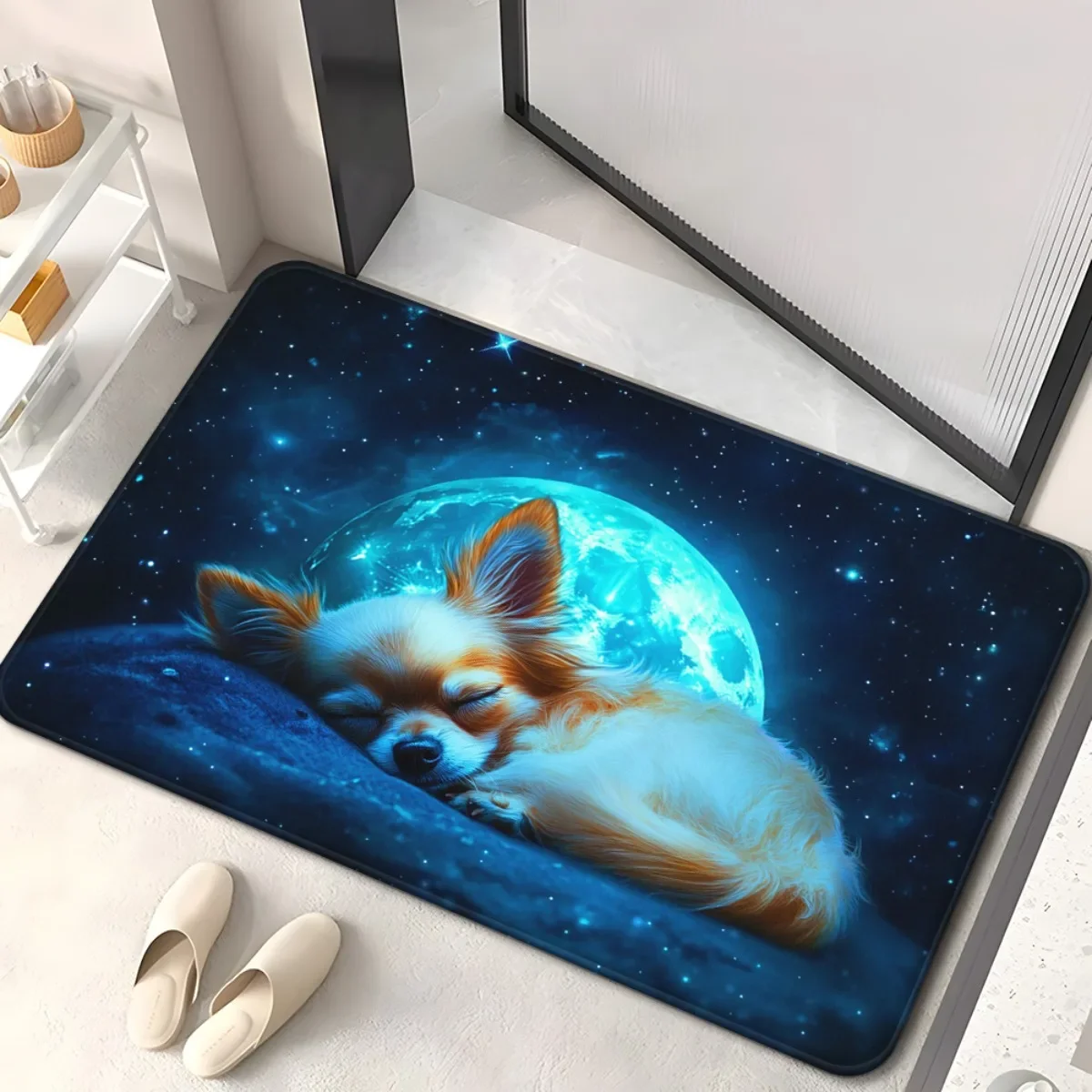 Sleeping Chihuahua Dog Under Moon Night Sky Print Door Mat Non-Slip Bathroom Floor Mat