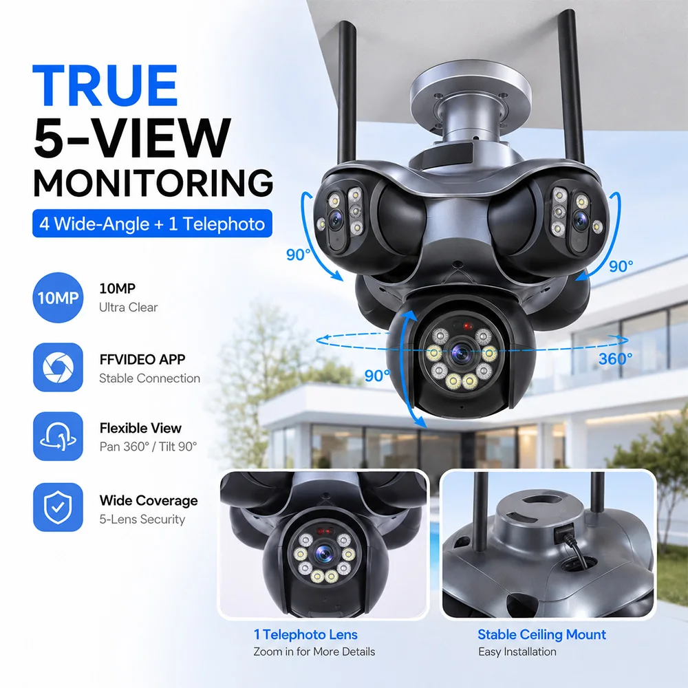 5 Lens 5 Views Wi-Fi Outdoor Security Camera 10MP Human Detection Waterproof Full Color Night Vision PTZ FFVIDEO App Remote View