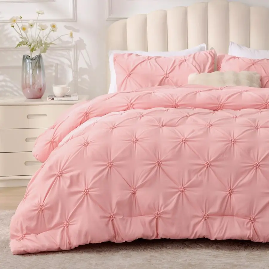 

Pink Comforter Set Queen 3 Pieces Boho Pintuck Bedding Comforter Sets, Lightweight Soft amp Warm Bed Comforter Queen with 2 Pill