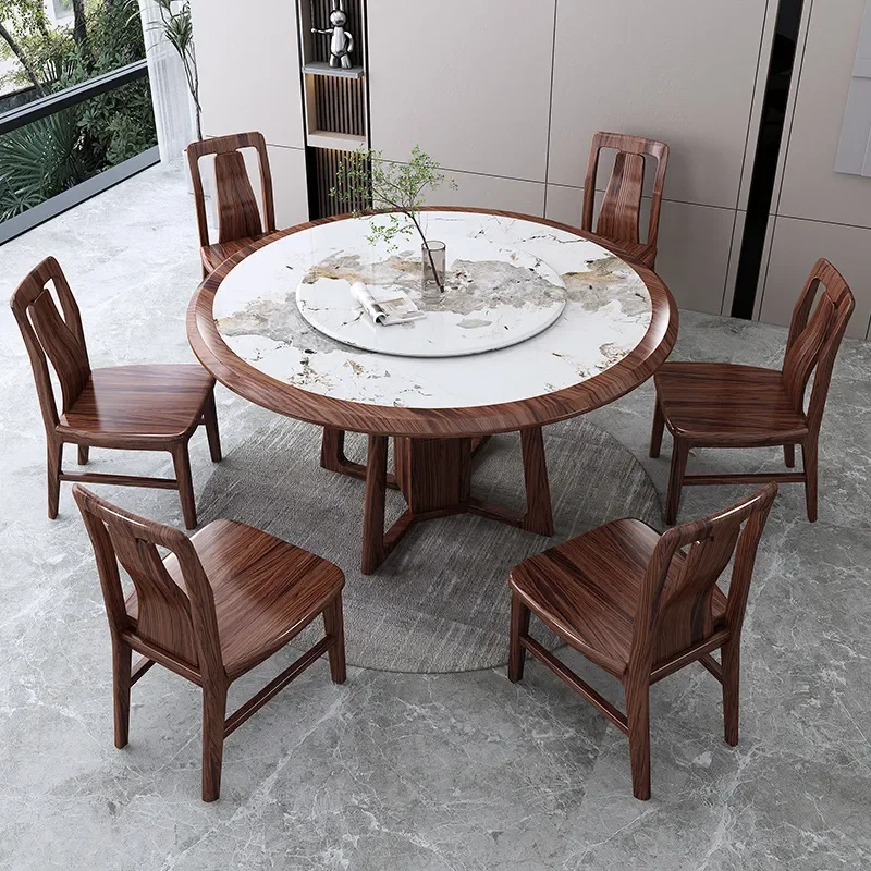for Ebony Solid Wood Rock Slab Dining Table and Chair Set Round Eating Table with Turntable Light Luxury Household New