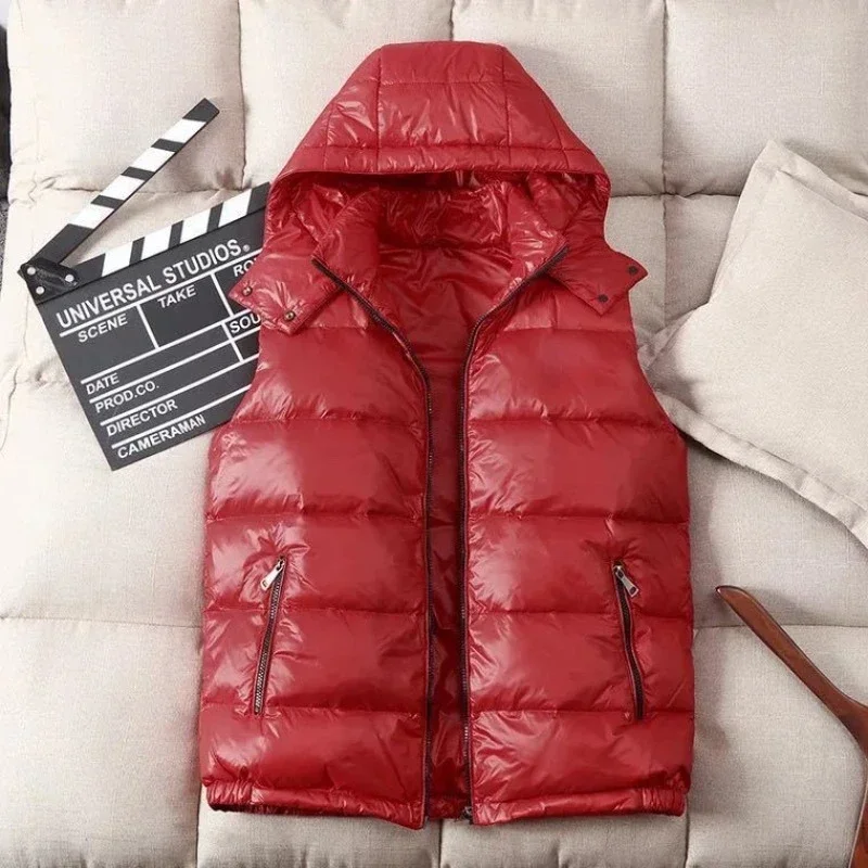 Men Hooded Sleeveless Puffer Jackets New Winter Goose Down Vests Coats Quality Male Shiny Casual Down Coats Unisex Winter Coats