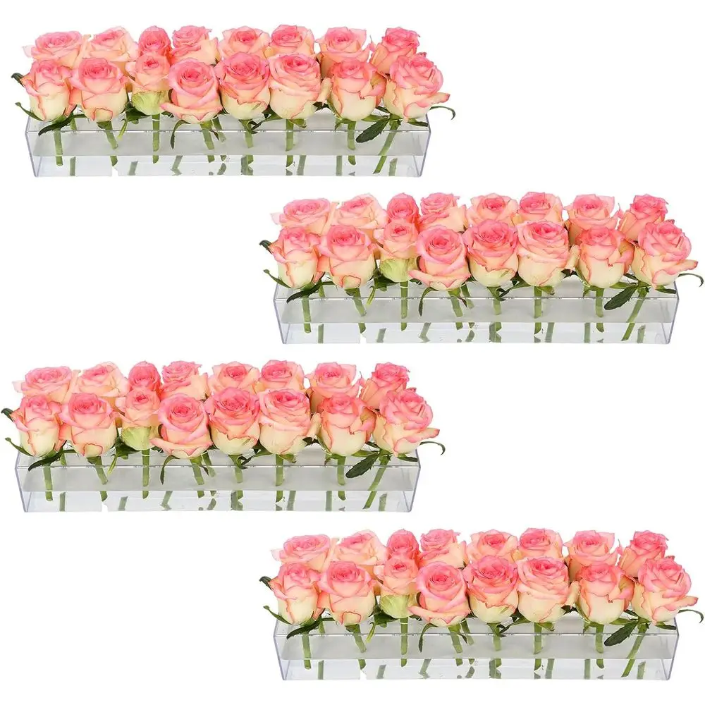 4 Pack Clear Acrylic Lower Vase Centerpiece, 63.2 Inch Rectangular Low Vases with 64 Holes for Dining Table Arrangement, Home De