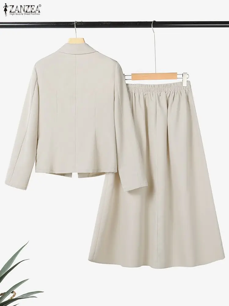 ZANZEA مكتب النساء 2 قطعة مجموعات الخريف وتتسابق 2025 أنيقة طويلة الأكمام السترة فستان البدلة موضة العمل OL رياضية تنورة مجموعات