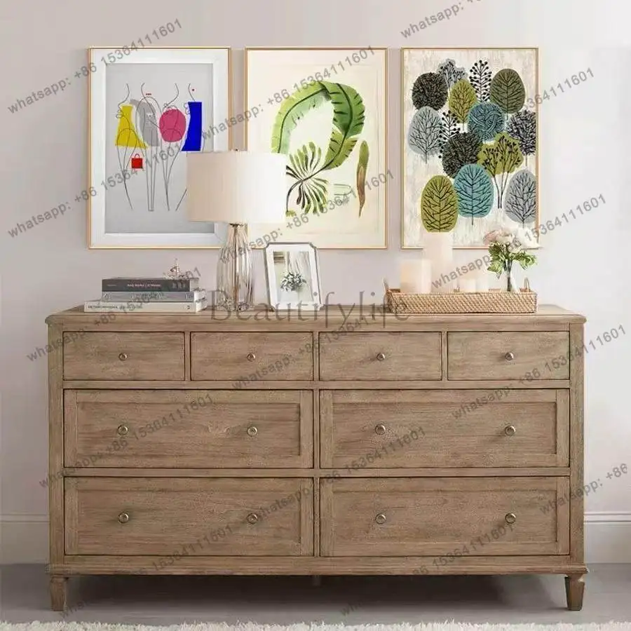 American rural solid wood retro eight-bucket cabinet living room wall storage cabinet