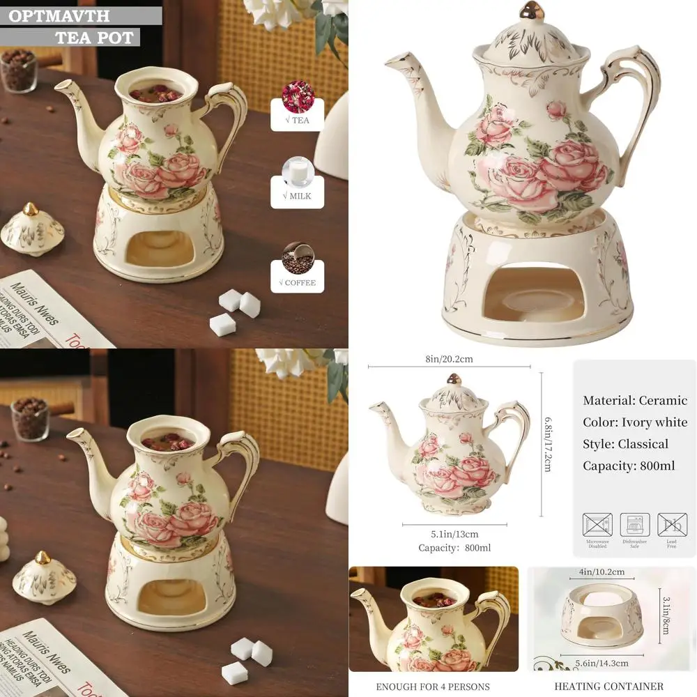 

Heatable Vintage Ceramic Tea Pot, 25 oz, 2 Cups, White with Pink Roses & Gold Trim, Perfect for Parties, Camping, Weddings