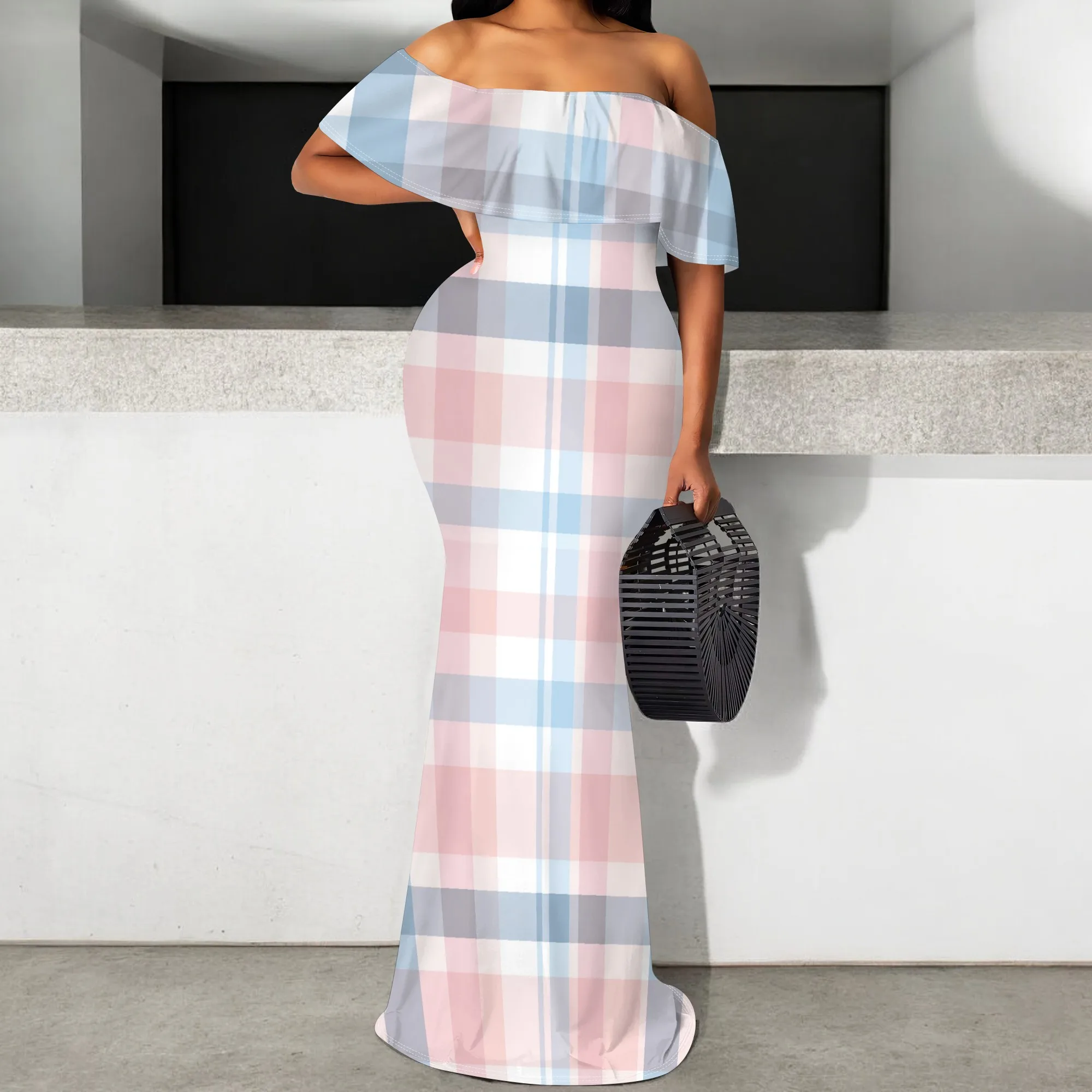 

Off Shoulder Plaid Maxi Dress Women S-3XL Pink Blue Ruffle Hem Slim Fit Summer Beach Party Gown Elegant Wedding Guest