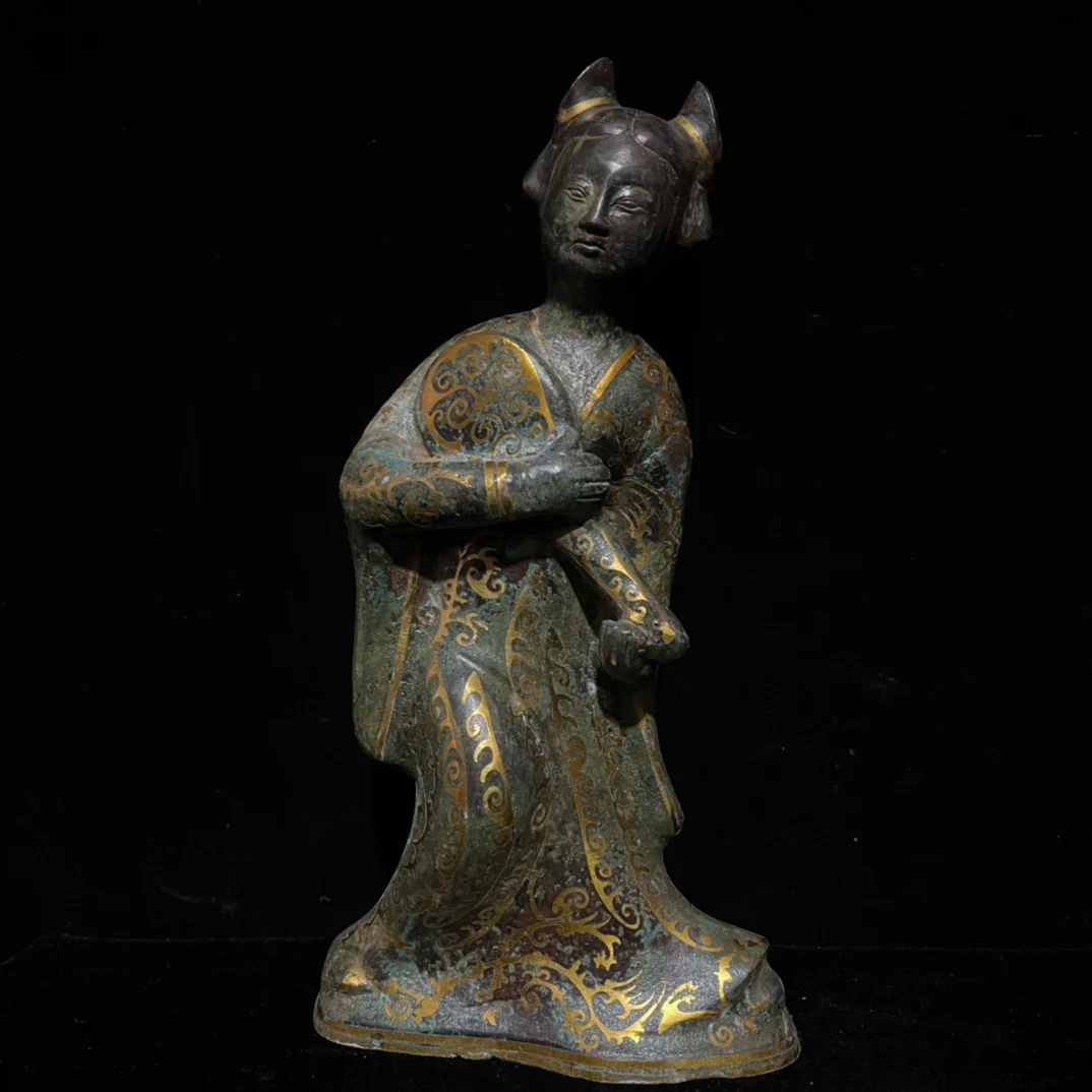 Old hand-caved bronze inlaid with gold female musicians,#01