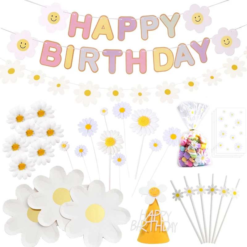 Daisy Birthday Party Dekoracja dla dzieci Flaga ciągnięcie Daisy Flower Plate słomkowy balon Cake Toppers Girl's First Birthday Decor