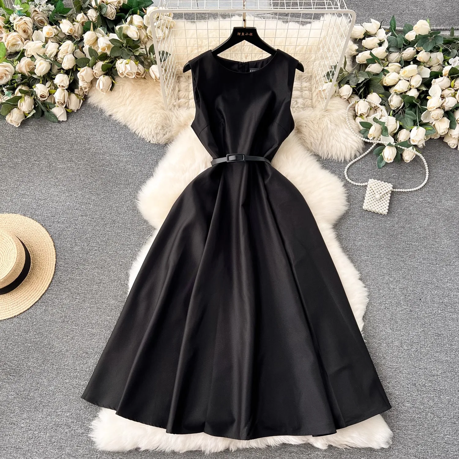 High Quality 2024 Spring Summer O Neck Party Dress Elegant Women's Sleeveless Tank Black Slim Waist Ball Gown Belt Midi Vestidos