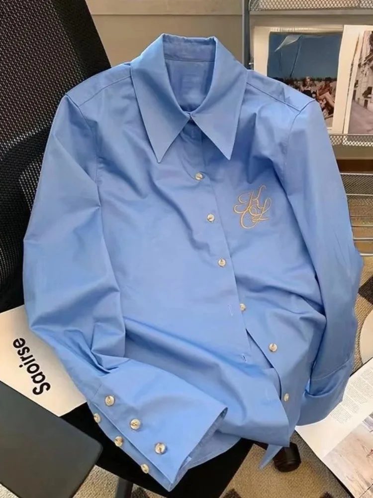 

Hikigawa Embroidery Chic Fashion Blouse Turn Down Collar Vintage Solid Elegant Shirt All Match Casual Blusas Mujer De Moda