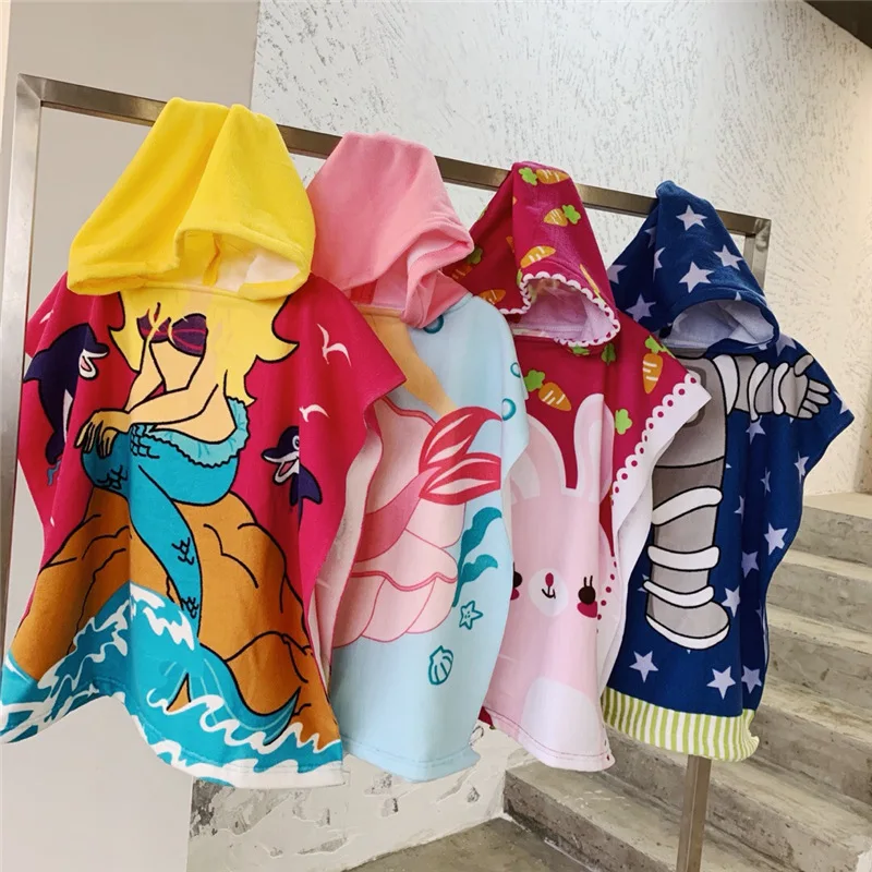80-130cm Kids Hooded Bath Children's Beach Poncho Towels Bathrobe Kids Quick Dry Surf Poncho MicrofiberTerry Robe