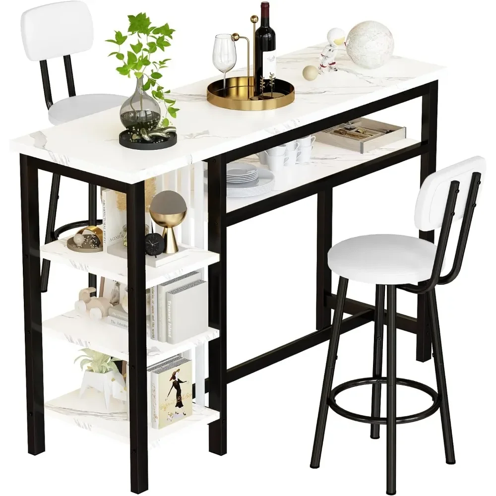 Modern White Faux Marble Table With 2 PU Cushion Bar Stools Folding Desk Black Frame 3-Piece Bar Table and Chairs Set Mobile