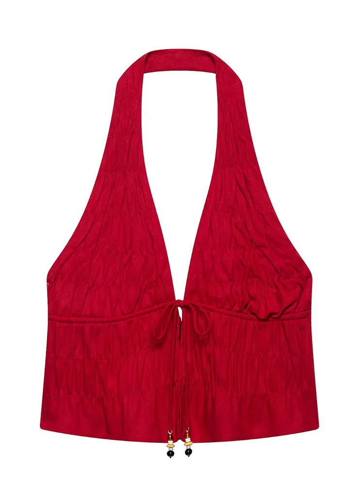 HH Women Summer Vintage Romantic Burgundy Halter Top Tiered Maxi Skirt Co Ord Set Deep V Tie Front Beaded Detail 2 Piece Outfit