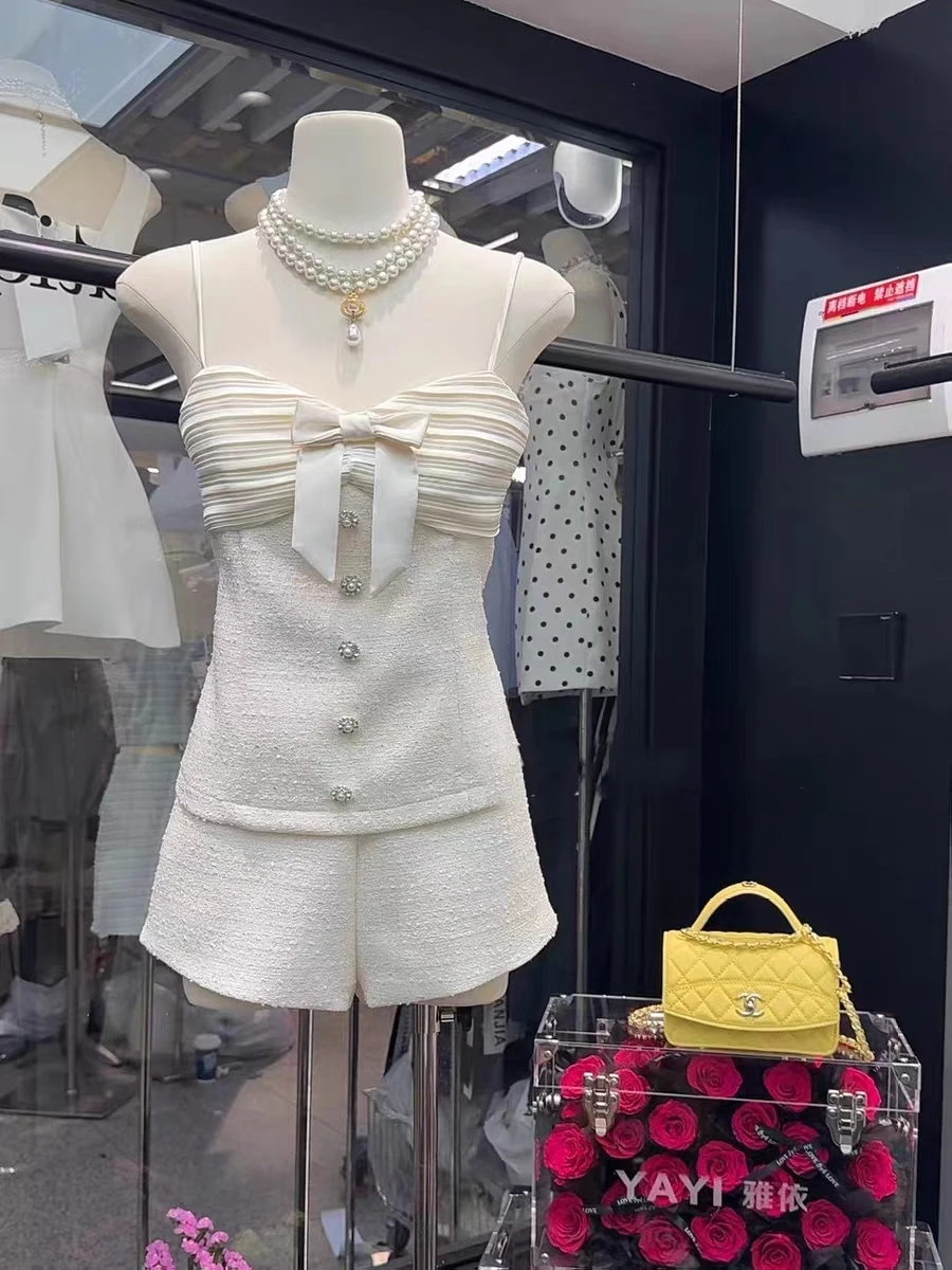 

Женские милые твидовые шорты из двух предметов, тонкий короткий топ с бантом и шорты с высокой талией