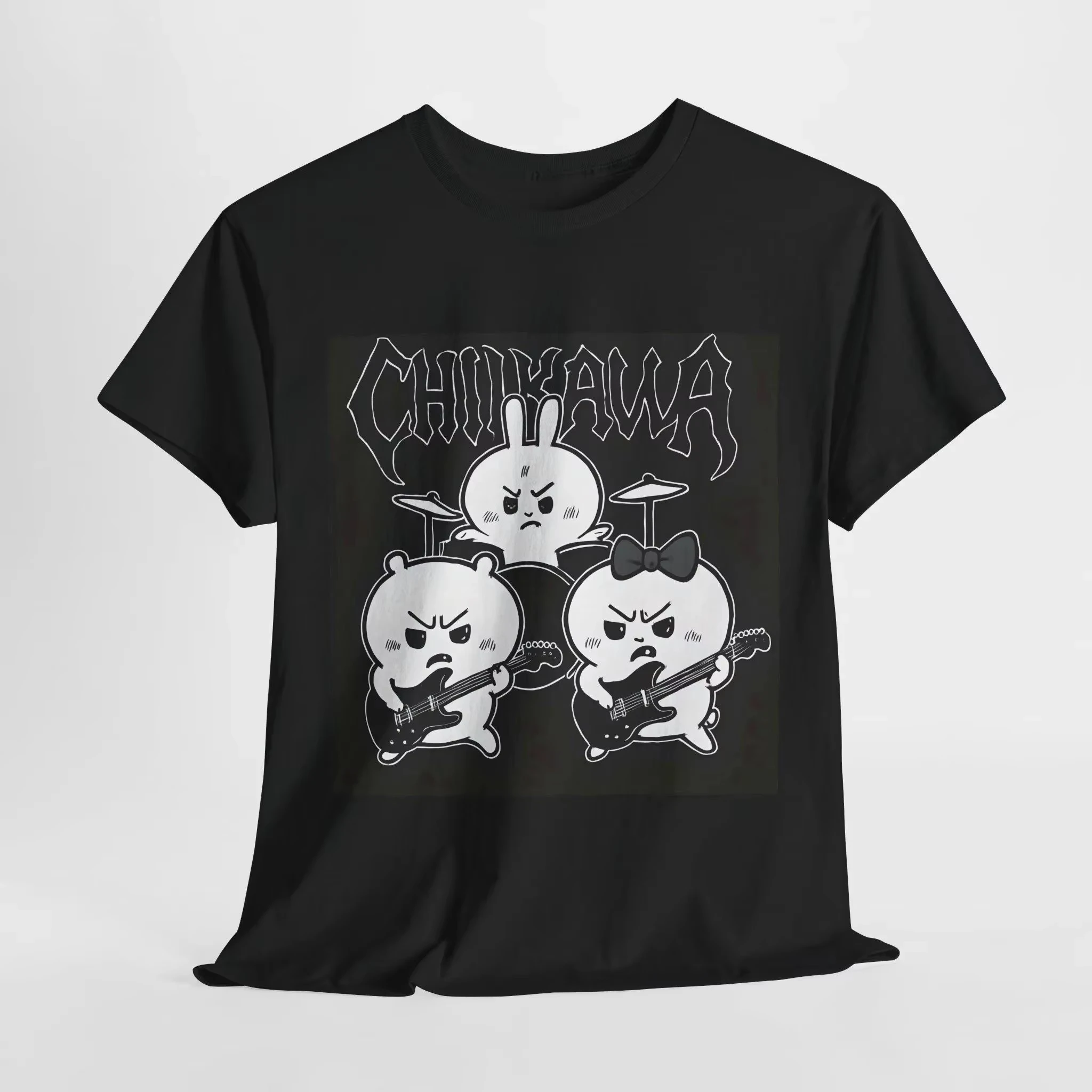 Chiikawa Rock Band Metal Anime T-shirt Guitar Drum Black White Graphic Cotton Tee Unisex Punk Grunge Casual Streetwear Shirt