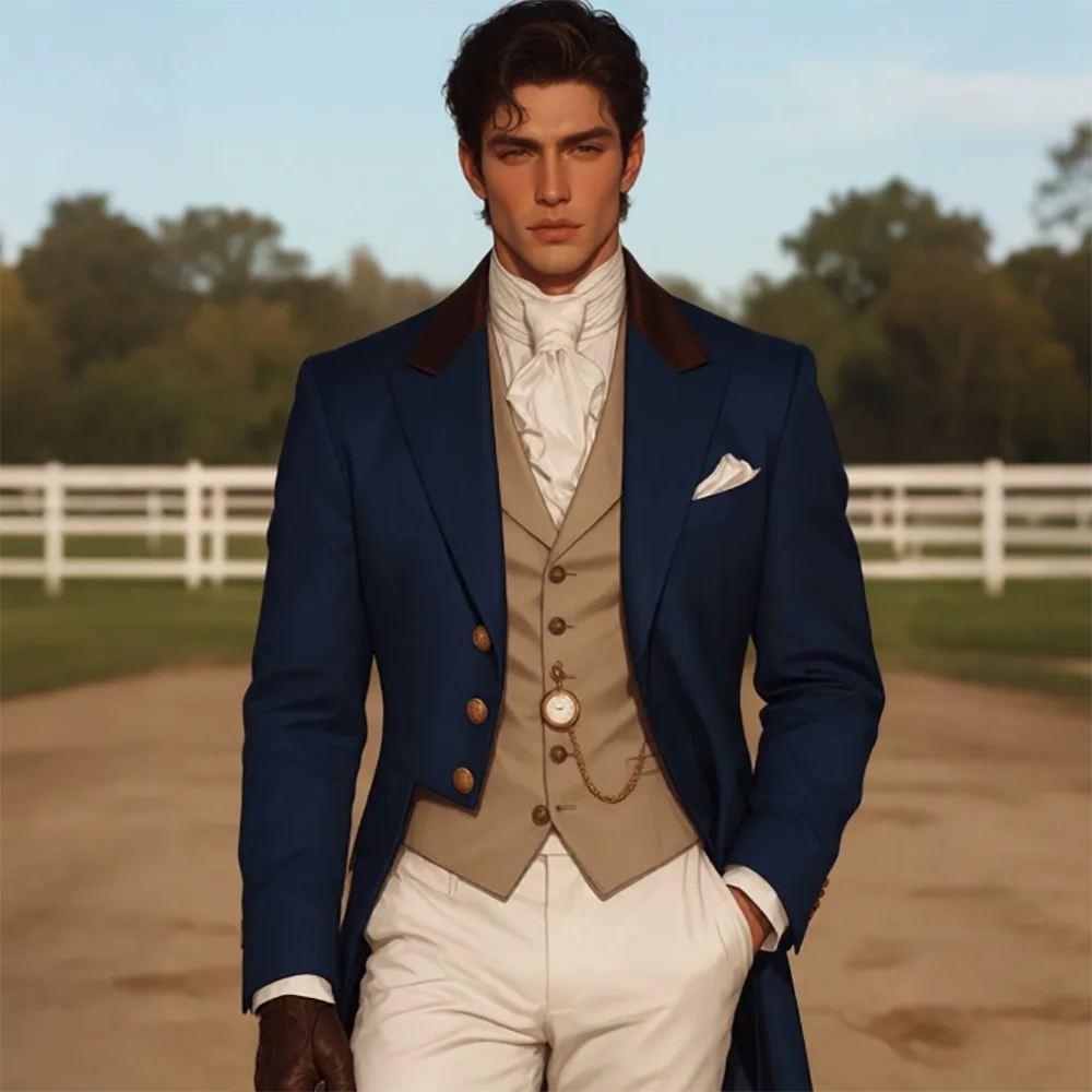 Gentle Noble Men Navy Blue 3 Piece Suit Brown Lapel Jacket Waistcoat Pants Full Set Vintage Period Wedding Classical Outfit