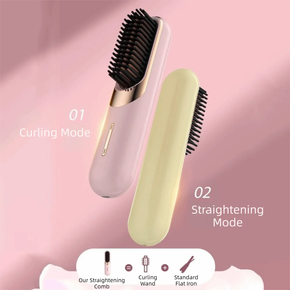 

2 in 1 Wireless Hair Straightener USB Charging Fast Heating Hair Straightening Comb Ceramic Heating Adjustable Temperature
