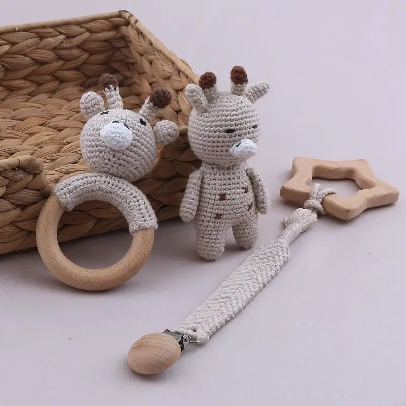 581F 4XWooden Baby Toy Teether Baby Teething Toy Pacifier Clip Giraffe Appease Cartoon for Doll for Newborn Baby Gi