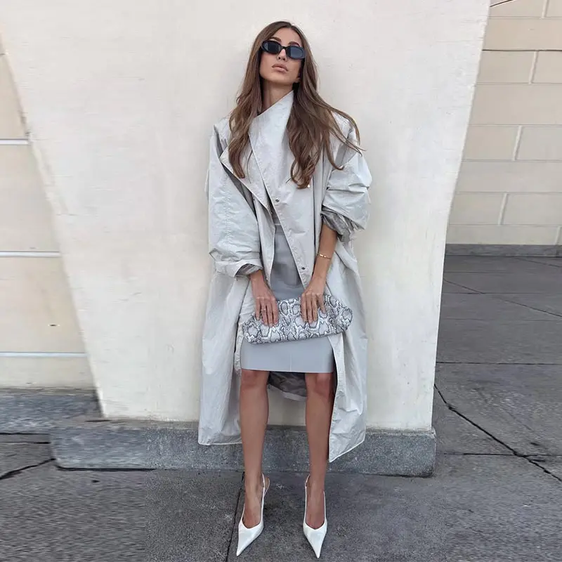 Stehkragen Langer Einfarbiger Damen-Trenchcoat Langarm Doppelreihig Locker Geschnittener Damen Frühling Herbst Mode Lässige Damenjacke 2026 – Detail 8