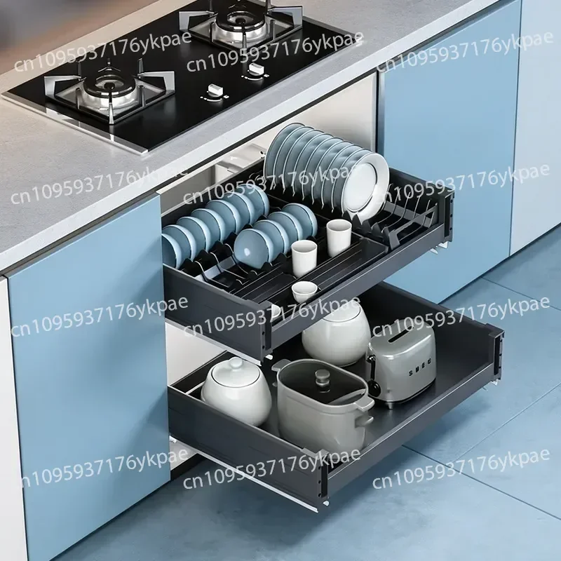 Cabinet Basket Aluminum Alloy Double-layer Drawer Type Bowl Basket Built-in Dish Rack Storage Dishes Basket Pot Flat