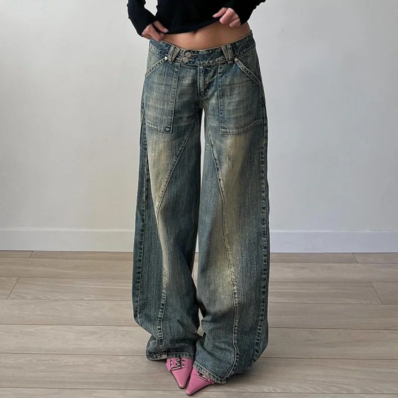 Vintage Vintage Irregular Jeans High Street Divider Pocket Jeans New Fashionable And Casual Versatile Low Waist Wide Leg Pants