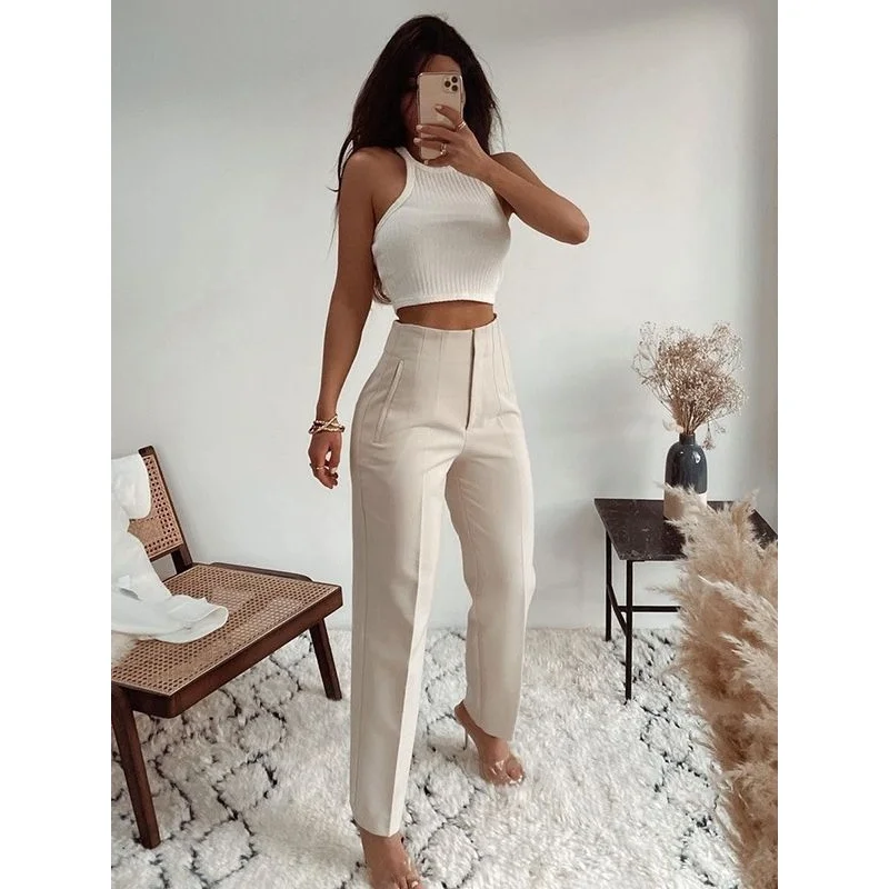 New 2023 High Waist Slim Fit Casual Pure Color Basic Pants Pleated Cross-Border Fashionable Straight Leg Women's Trousers