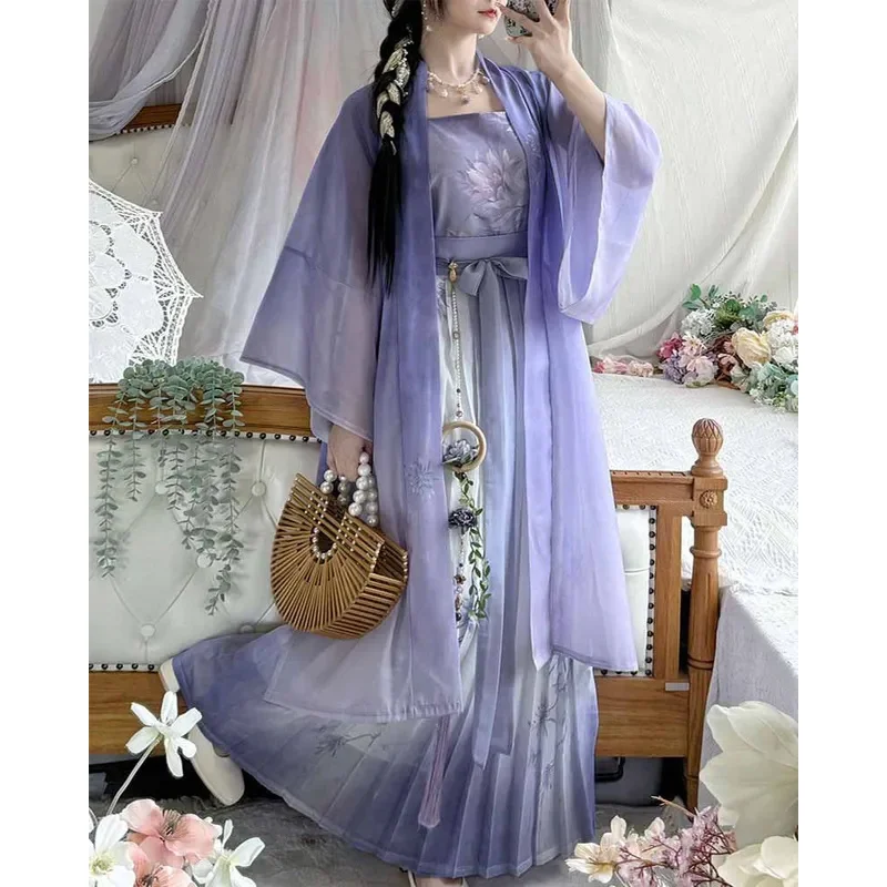 فستان هانفو الصيني للنساء أزياء تنكرية لسلالة سونغ القديمة عتيقة متدرجة أرجوانية مطبوعة 3 قطعة مجموعات هانفو مقاس كبير XL