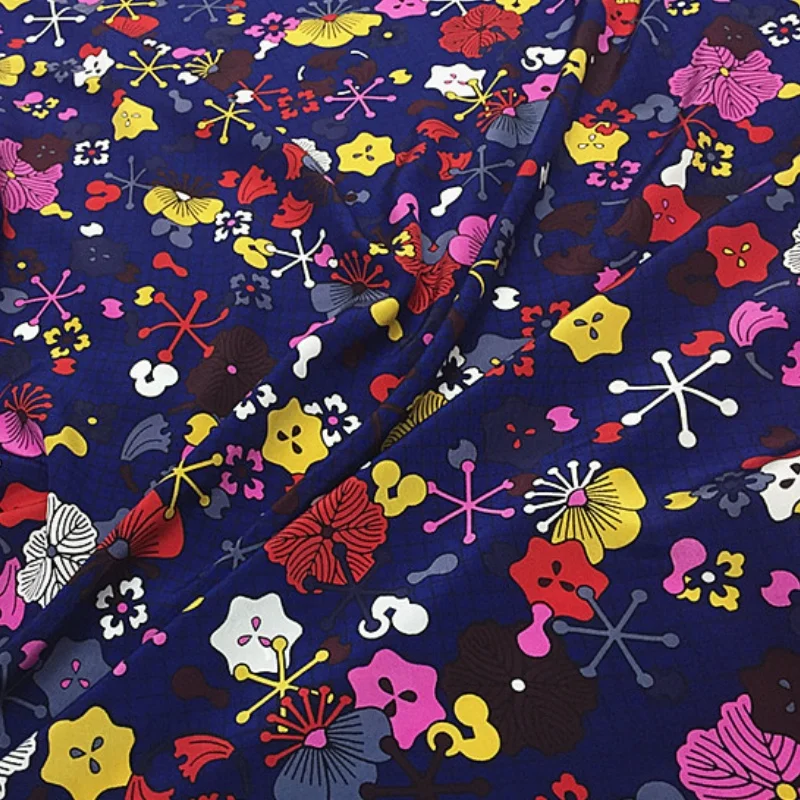 

1 meter 100% Mulberry Silk 16 momme Crepe Silk Fabric Blue with Colorful Floral Printed 138cm 54" wide by the yard XL144
