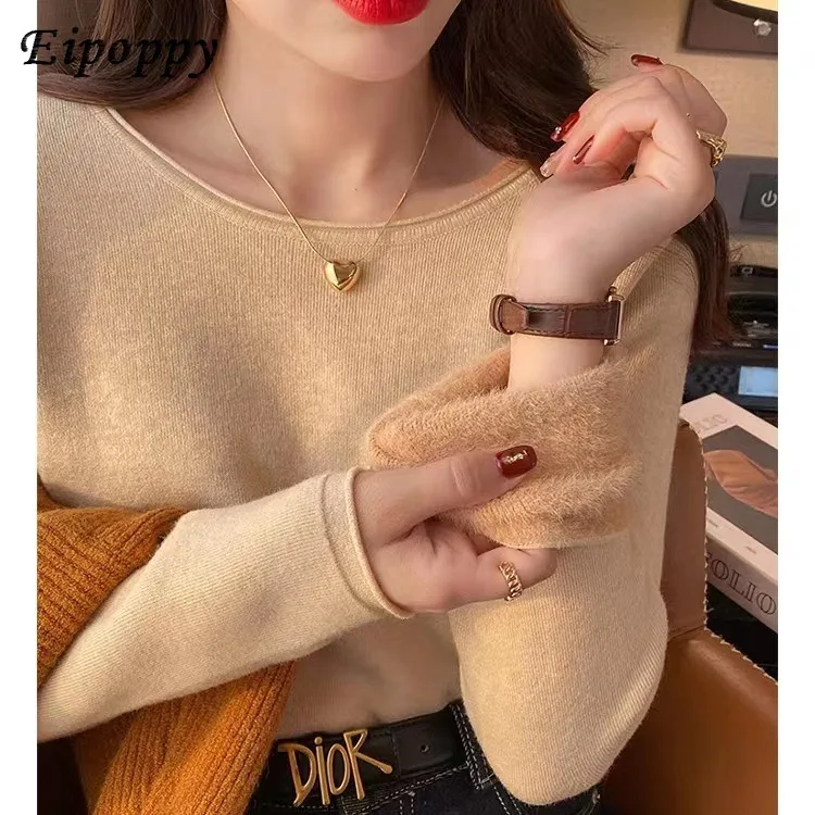 بلوفر نسائي مخملي برقبة مستديرة ، سترة سميكة ، قميص قاع ، أحادي اللون ، داخلي