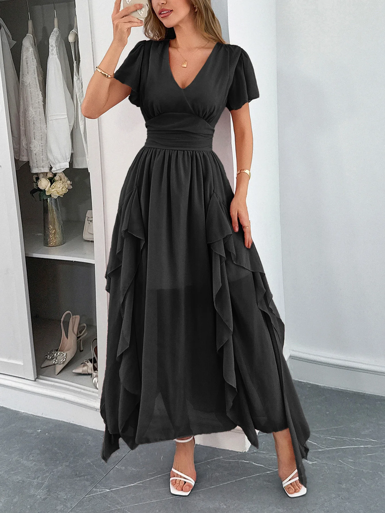 2025 Women's Vacation Short Sleeve Belted Maxi Dress Casual Boho Beach Dress with Floral Print & Side Slit Lightweight Sundress