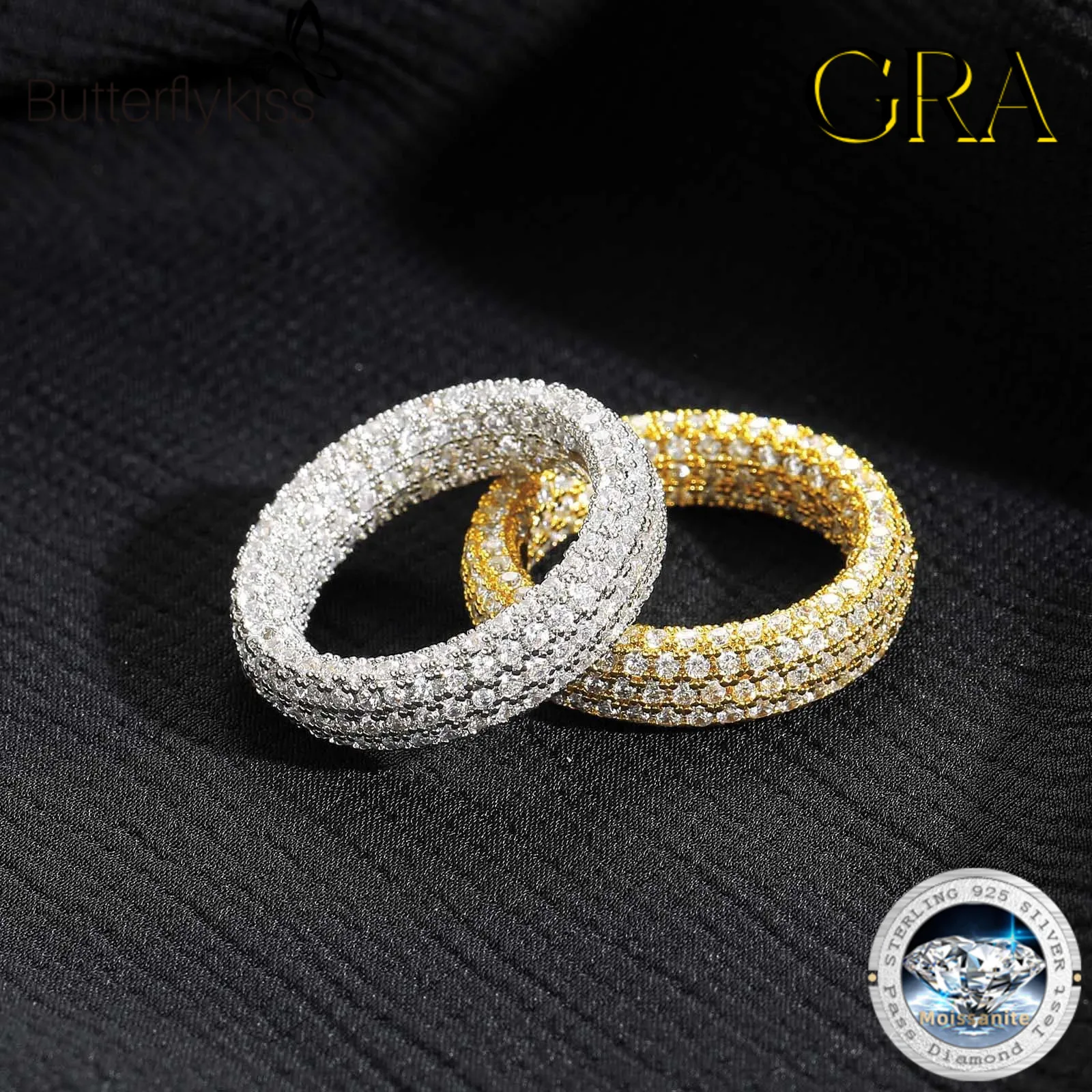 

Butterflykiss Iced Out D Color Moissanite Eternity Ring 925 Sterling Silver Women Men Hiphop Bling Diamond Wedding Pass Tester
