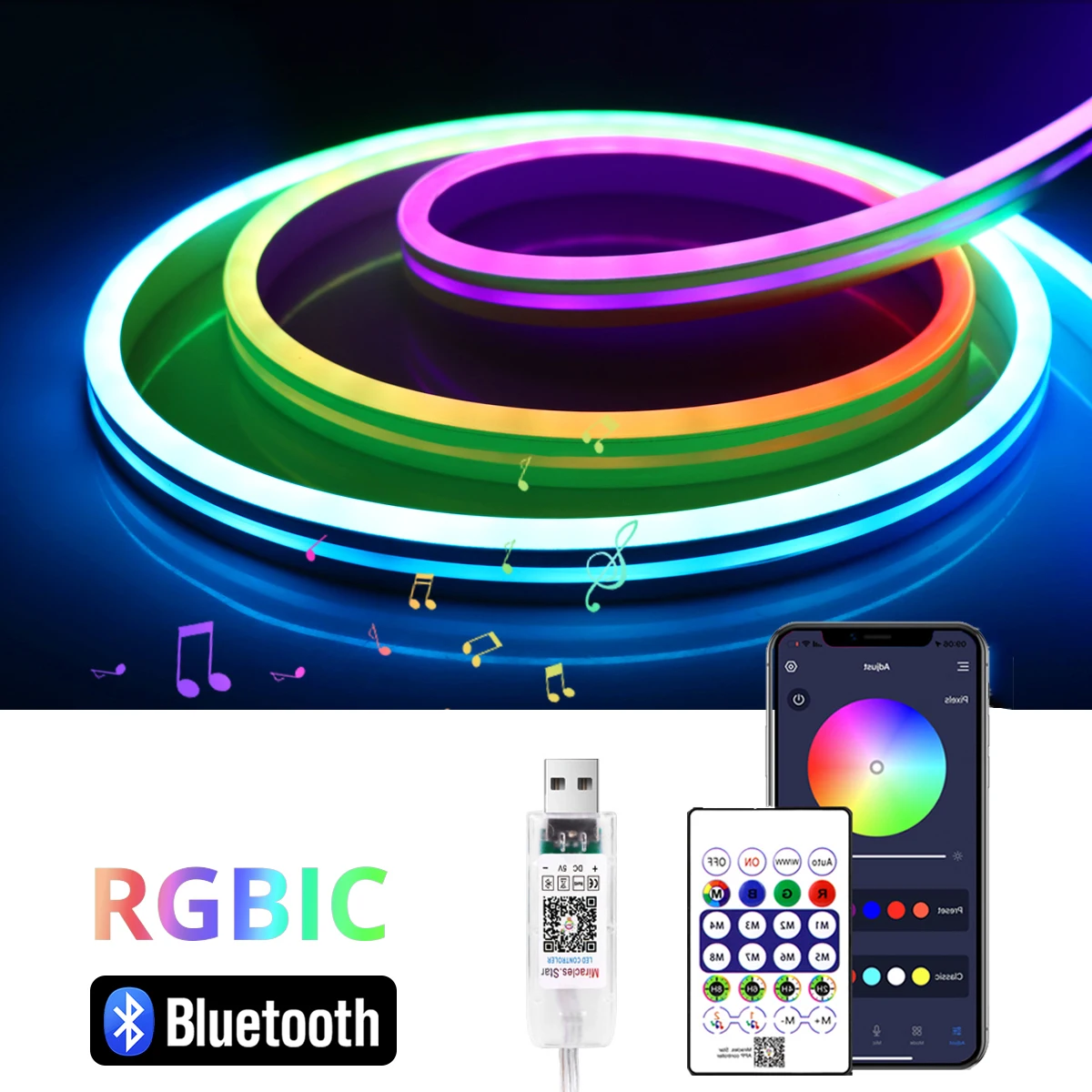 Tira de neón RGBIC con Bluetooth, luz LED de neón de 5V, tiras de silicona impermeables con sincronización de música, aplicación inteligente, compatible con Alexa, Google, USB LED