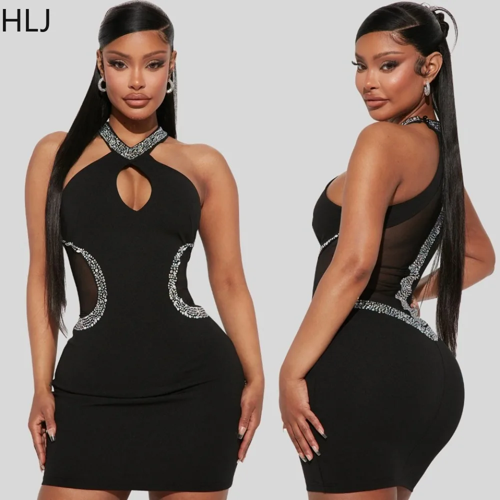 

HLJ Black Mesh See Though Patchwork Halter Neck Rhinestones Bodycon Mini Dress 2024 Sexy Elegent Party Birthday Dresses