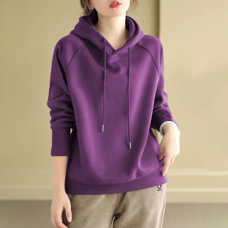 100% Cotton Loose Female Hooded Top Basic Y2k Vintage Korean Clothing Aesthetic Long Sleeve Fashion Women's Hoodies Sweatshirts