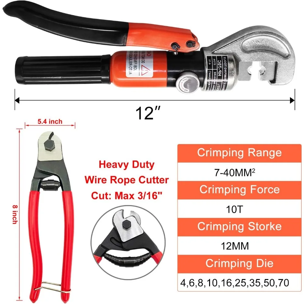 10 Ton Hydraulic Crimping Tool with 11 Dies for Stainless Steel Cable Railing and Battery Cables