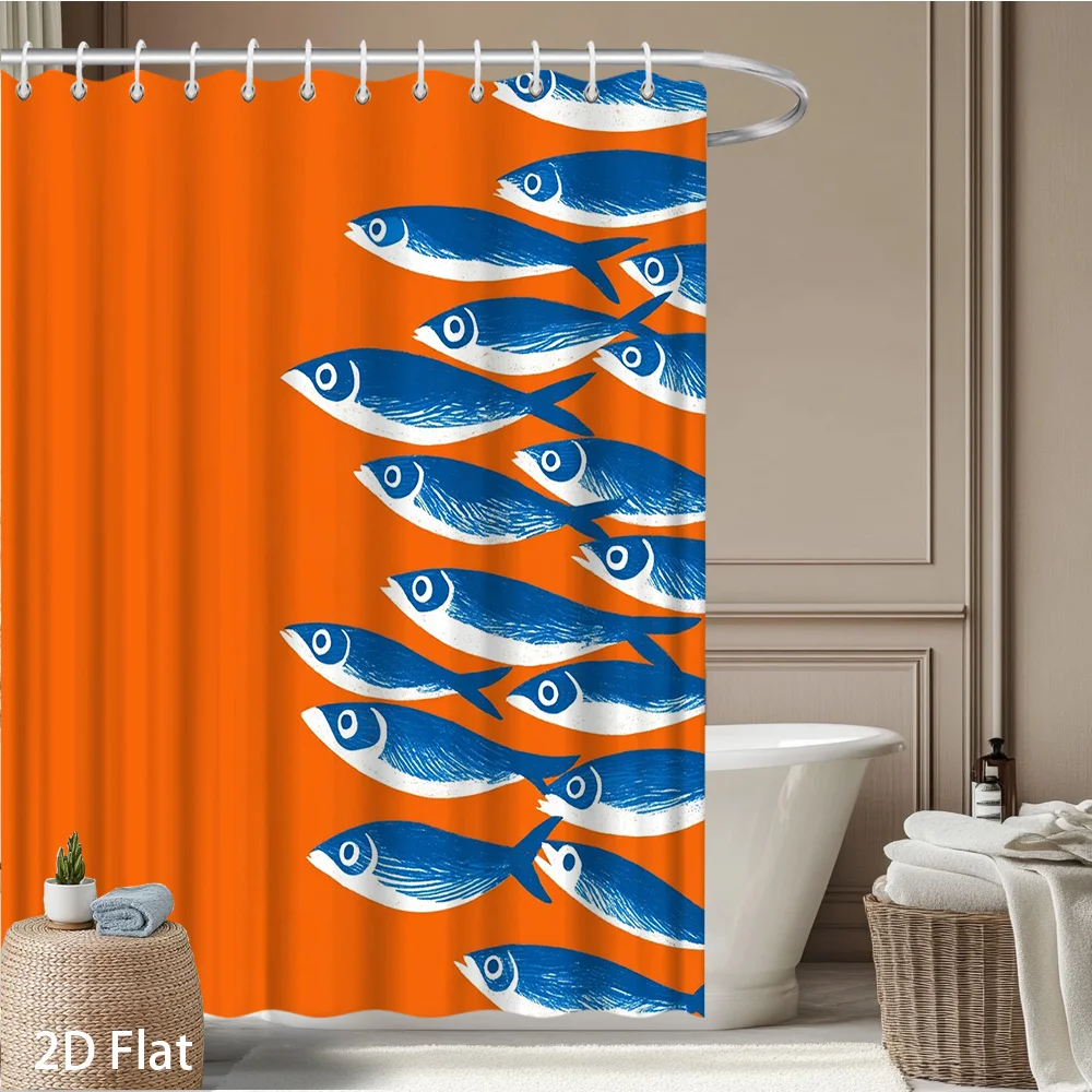 Blue Fish School Shower Curtain – Orange Background, 2D Flat Print, Fade-Resistant Polyester, 12 Hooks, 70.8