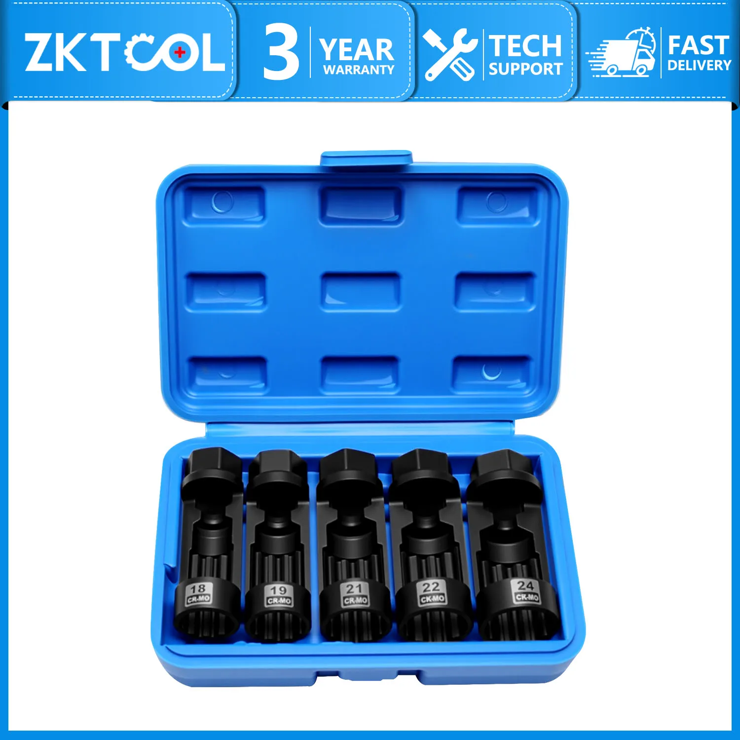 5-piece suspension strut nut sleeve set, 18mm, 19mm, 21mm, 22mm, 24mm, for removing and installing shock absorber strut nuts.